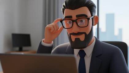 A 3D character in a business suit, adjusting glasses while sitting at a desk in front of a laptop, in an office environment.