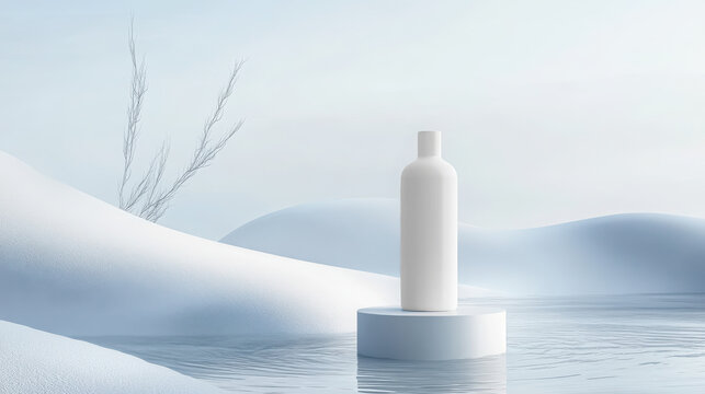 Transparent a minimalist white cosmetic bottle stands on a light blue podium in a serene winter landscape with snow and water mockup 