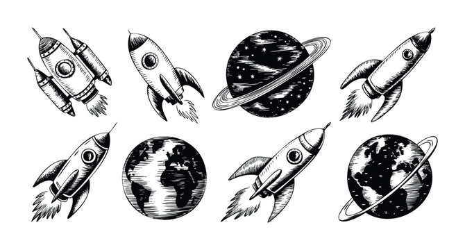 Engraved style set of cosmic elements featuring rockets and planets including Earth and Saturn with rings, ideal for science education, space exploration themes, and graphic design projects.