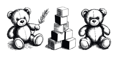 Charming black and white handdrawn depiction of two plush teddy bears and a stack of wooden building blocks, perfect for childrens books, nursery decorations, and toy advertisements.