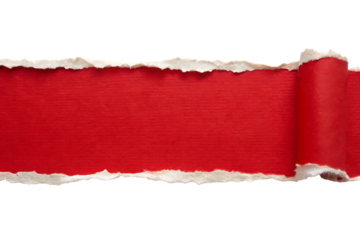 Paper, torn red revealing a white textured surface with rough edges, cutout, PNG isolated on white or transparent background