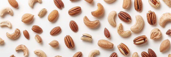 Obraz premium Assorted nuts including cashews, almonds, hazelnuts, pecans, and Brazil nuts falling onto a white surface, used as a snack mix, World Nut Day