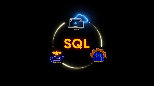 SQL concept with online cloud, reputation stars, and management icons structured query language database