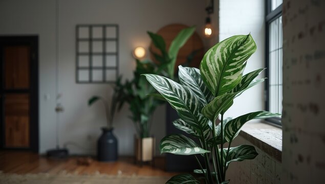 Variegated Alocasia Micholitziana, known as Alocasia Frydek, in a bohemian industrial living space, emphasizing plant care and maintenance