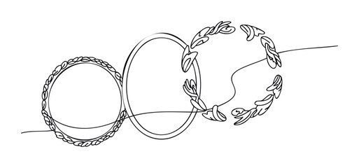 Elegant continuous line art depicting three abstract intertwined rings, one with leaves, representing unity and natural flow, ideal for branding, invitations, or wall decor in modern