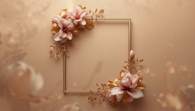 Magnolia floral border around a wedding frame set against a tan background, suitable for wedding invitations or photo displays