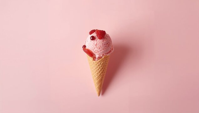 Close-up of strawberry ice cream cone on pink background emphasizing fresh fruit flavor, food safety awareness day