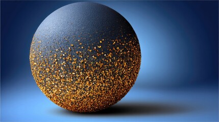 A dark, textured sphere with a gradient of gold glitter on its lower half, set against a smooth blue background with soft lighting.