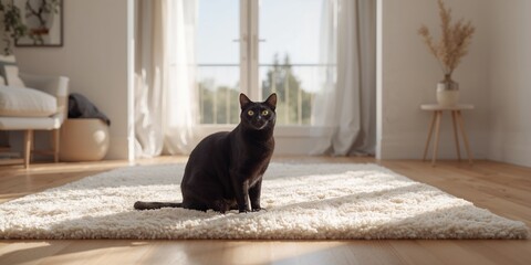 Black domestic shorthair cat resting in a sunlit apartment, emphasizing pet relaxation and urban living, World Animal Day