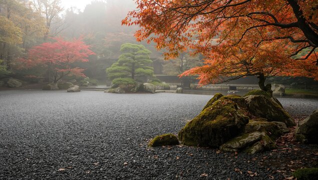 Japanese garden during autumn with colorful foliage, seasonal change awareness day