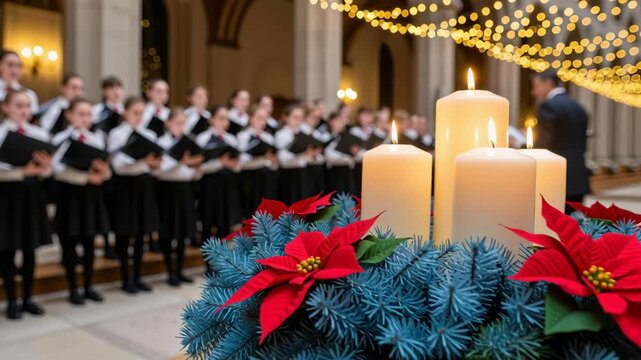 Singing carol family christmas holiday candle wreath poinsettia choir children church concert festive warm music joy celebration candlelight warmth tradition