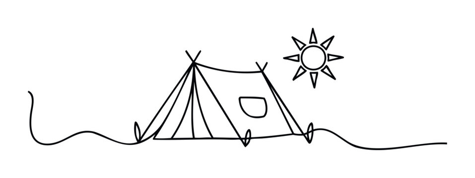 Simple hand drawn line tent outdoors under a radiating sun representing a summer camping trip or an adventurous outdoor activity that can be used for childrens books, travel blogs, or