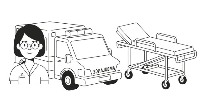 Emergency doctor beside ambulance and stretcher ready for urgent care