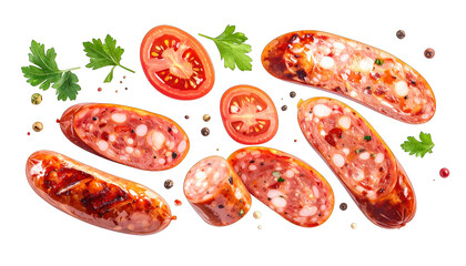 Sliced sausages, halved tomatoes, parsley, peppercorns against a black background