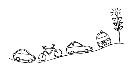 Simple continuous line drawing of various vehicles including cars and a bicycle moving along a winding road towards a traffic light, great for depicting urban transportation and journey