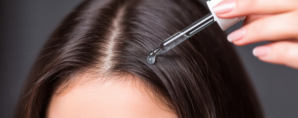 Obraz premium Hair serum application on scalp with dropper for healthy hair care treatment and shiny smooth hair