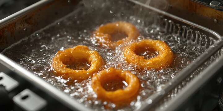 Onion rings frying in hot oil in a deep fryer, food preparation safety