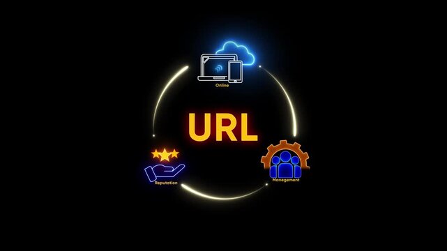 URL concept with online reputation and management icons in neon glow on black background web address