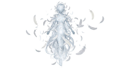 Ethereal translucent figure composed of light and feathers, floating gracefully on a white background.