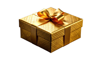 Shiny golden gift box with a ribbon and bow, presented on a black background