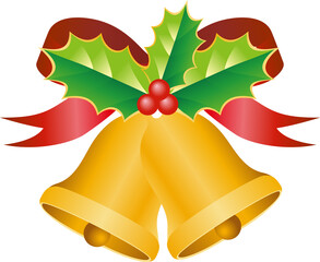 Christmas Bells with Holly and Red Ribbon Illustration