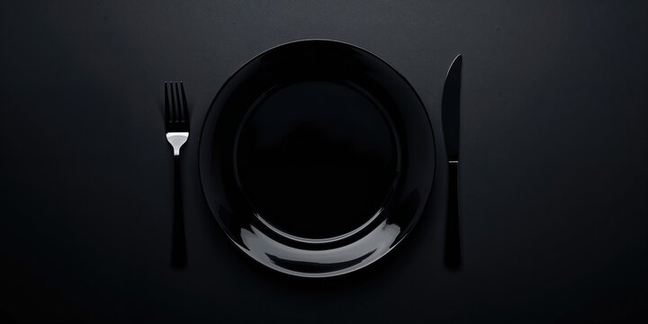 Empty black plate with fork and knife on a dark background, used as a minimalist meal presentation backdrop