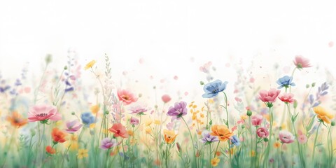 Watercolor meadow flowers forming a botanical background for textile design, emphasizing floral patterns