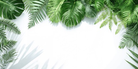 Tropical green leaves arranged on white background, suitable for background design or layout purposes