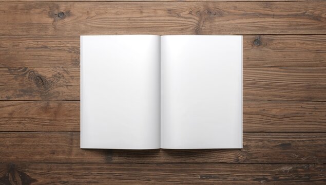 Open magazine on wooden surface with blank pages, suitable as a layout background, for editorial or advertising design.