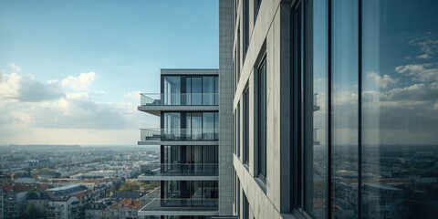 Modern apartment building exterior, urban architecture focusing on design details, urban density, Earth Day
