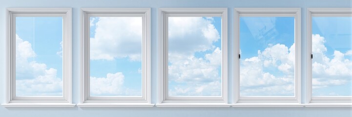 Fototapeta premium Window design clipart featuring white frames and glass panes set against a blue sky with white clouds, suitable for UI backgrounds