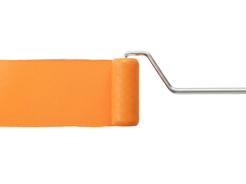 Orange paint roller with stroke isolated PNG, painting tool for home improvement and renovation projects on transparent background