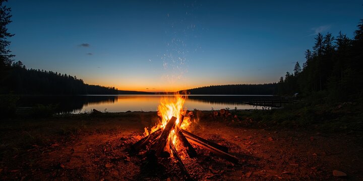Bonfire burning in a forest during sunset, emphasizing outdoor safety and fire maintenance, Earth Day