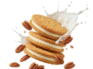 Stack of oatmeal cream pies with pecans and milk splash isolated PNG, delicious dessert on transparent background for food and beverage design