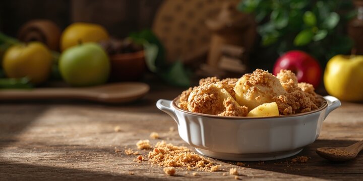 Apple crisp crumble with warm baked texture, ideal for dessert presentation, World Food Day