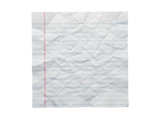 Crumpled lined paper PNG isolated on transparent background, realistic notebook sheet with blue lines and red margin for design use