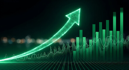 Glowing green digital arrow moving upwards over bar charts and line graphs, representing business growth, market success and data insight