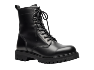 Black leather combat boot isolated PNG, lace-up ankle boot with lug sole for fashion and casual wear on transparent background