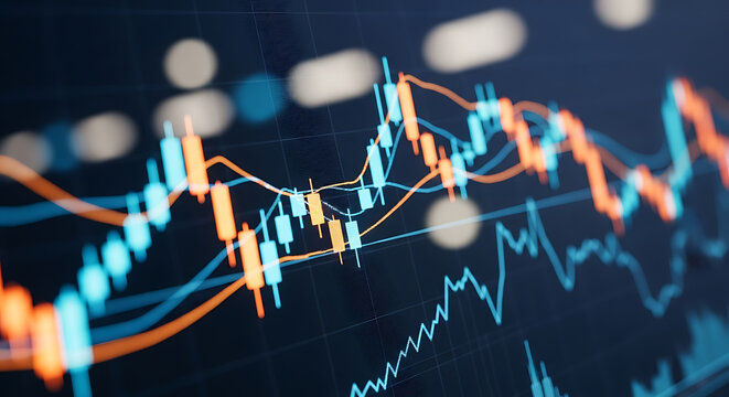 Financial stock market candlestick and line chart displaying global investment data, economic trends, and digital trading information