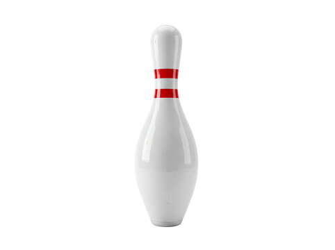 Bowling pin isolated PNG with red stripes, classic skittle for bowling alley game and sports equipment on transparent background