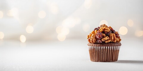 Close-up of a cupcake topped with dry fruits, emphasizing texture and flavor profile, suitable for bakery product display