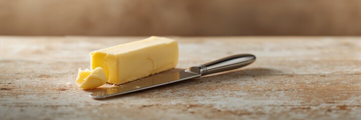 Fresh butter with a butter knife on a table, emphasizing food preparation safety
