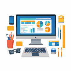 Fototapeta premium Work Desk Setup Vector – Computer, Coffee, Documents, and Office Supplies