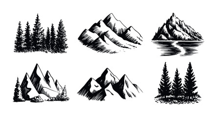 Collection of hand drawn mountain ranges and evergreen forest landscapes for outdoor adventure promotions and travel related branding materials
