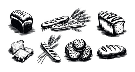 Monochrome bakery product collection featuring various loaves of freshly baked bread and wheat stalks, perfect for vintage culinary branding or restaurant menu graphics.
