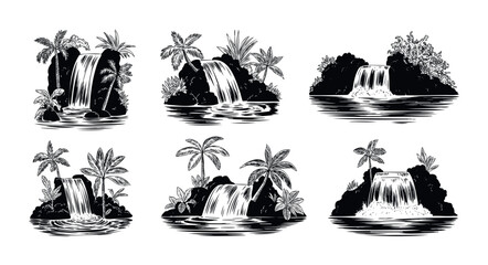 Collection of striking black and white tropical waterfall landscapes surrounded by lush palm trees and exotic jungle foliage perfect for travel destination marketing and serene naturethemed