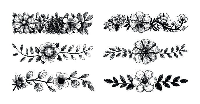 Hand drawn botanical flower arrangements in a vintage ink style perfect for creating elegant event invitations rustic wedding stationery decorative greeting cards and charming book