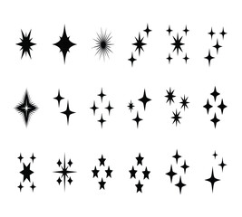 Collection of black sparkle and star icons, various shapes and sizes, representing magic, celebration, and celestial elements