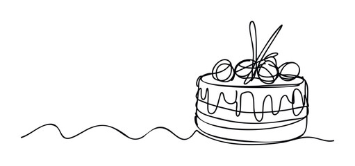 A simple one line drawing of a celebratory cake with candy toppings, ideal for birthday greetings, bakery promotions, or dessert shop branding for various projects