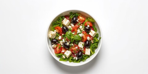 Greek Salad closeup on white background emphasizing fresh ingredients, healthy eating awareness day